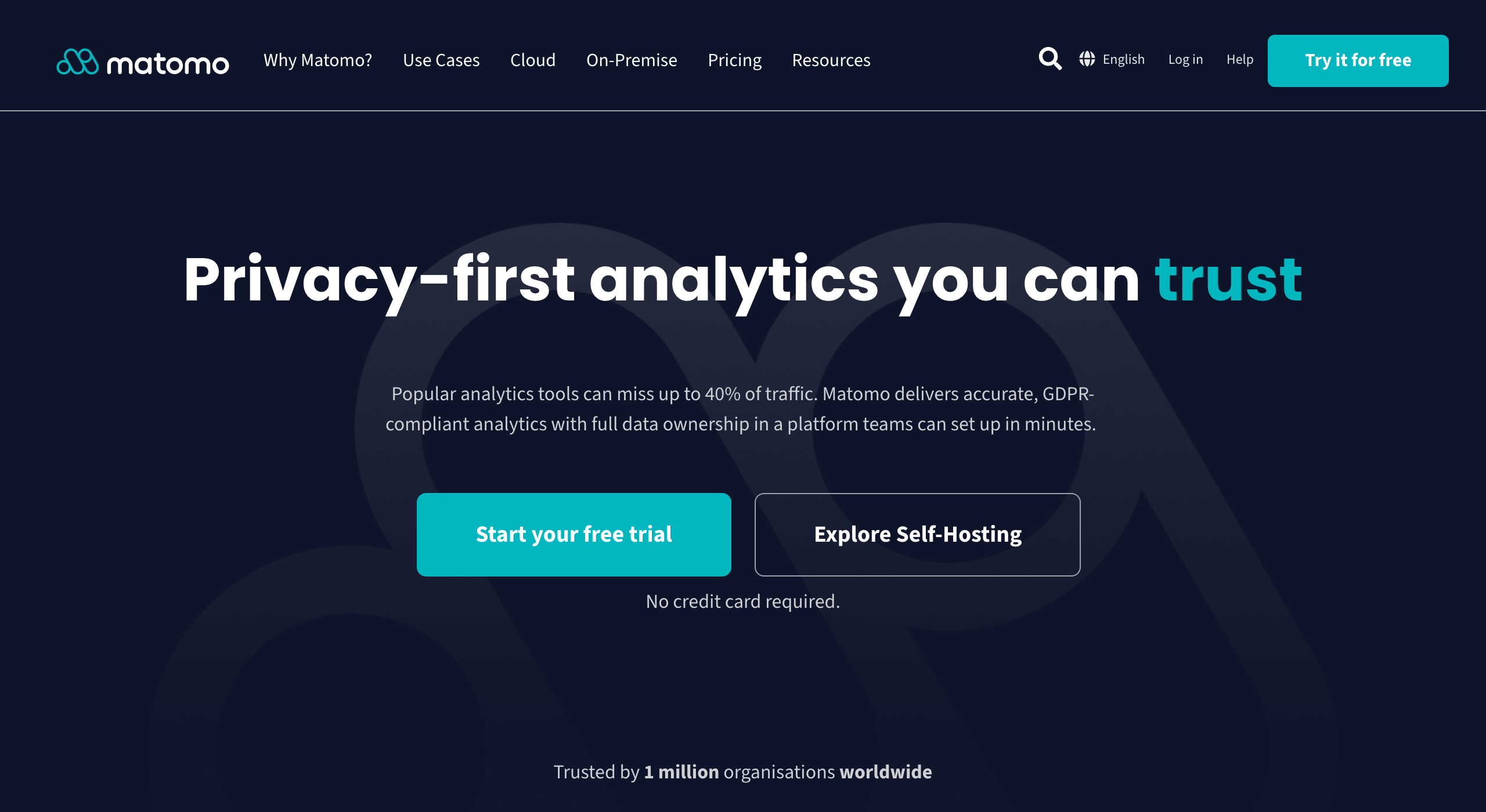 Matomo analytics homepage showing Privacy-first analytics you can trust headline and Start your free trial CTA