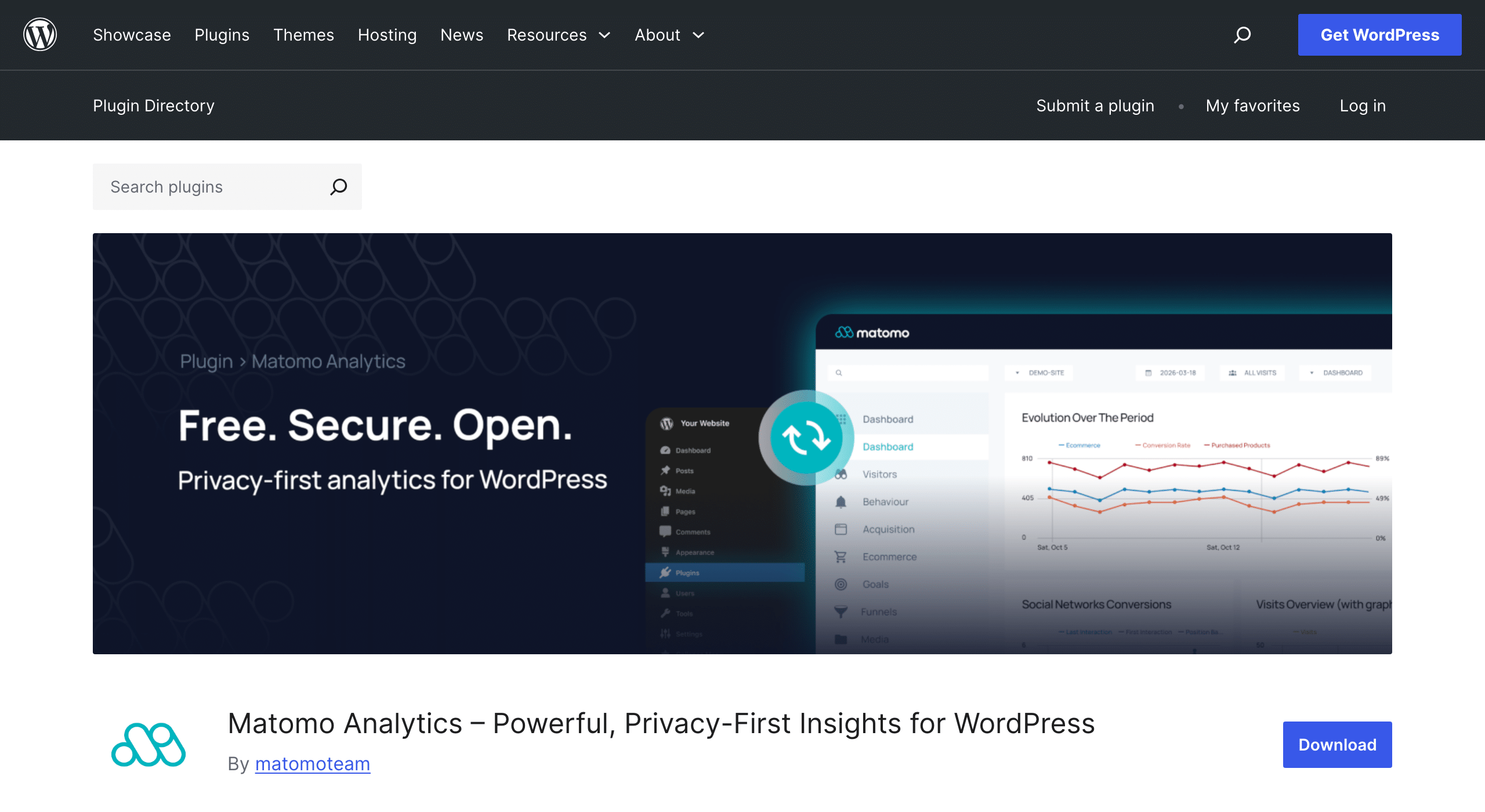 Matomo Analytics WordPress plugin page on WordPress.org showing Free. Secure. Open. Privacy-first analytics for WordPress