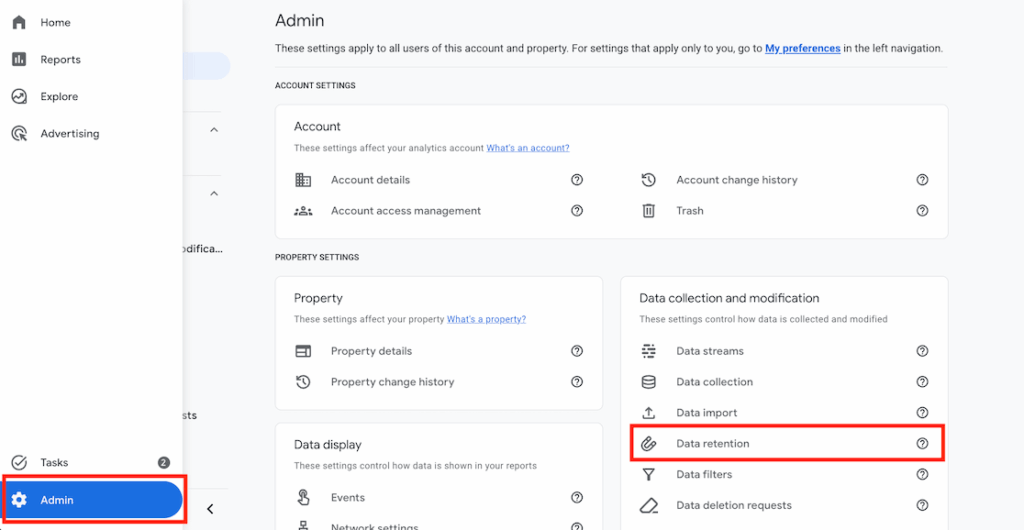 Admin settings for data collection and modification ga4