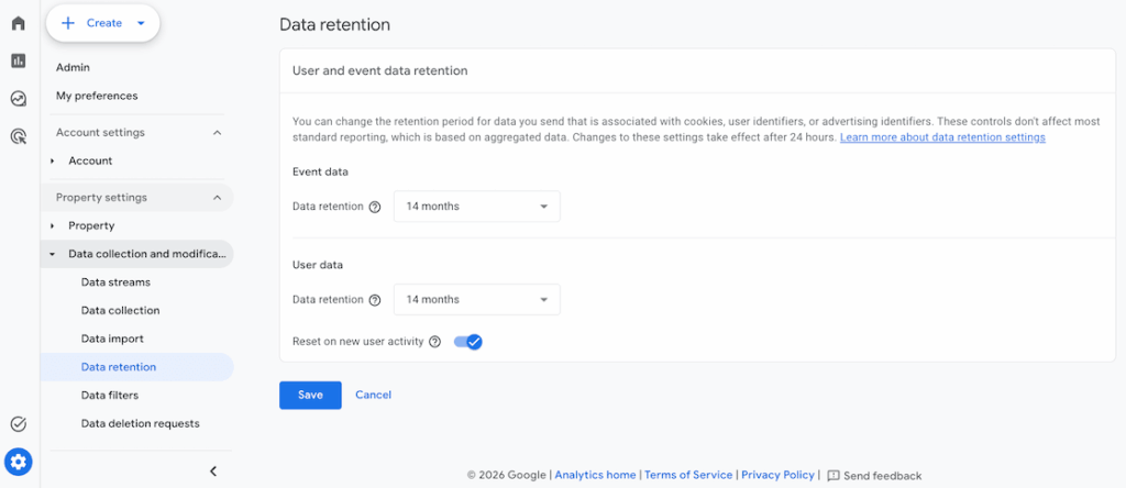 Data retention settings ga4