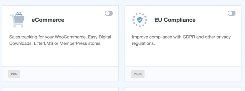 MonsterInsights eCommerce addon card with activation toggle switch, next to the EU Compliance addon
