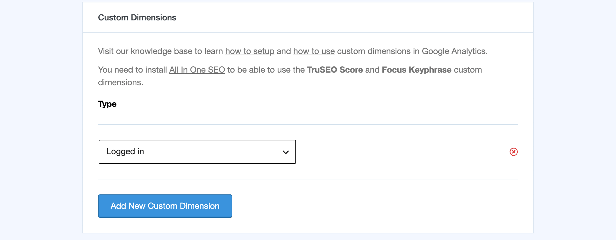 MonsterInsights Custom Dimensions settings with Logged in selected as the dimension type