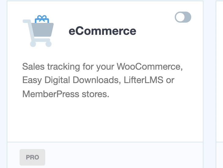 MonsterInsights eCommerce addon card on the Addons page with its activation toggle