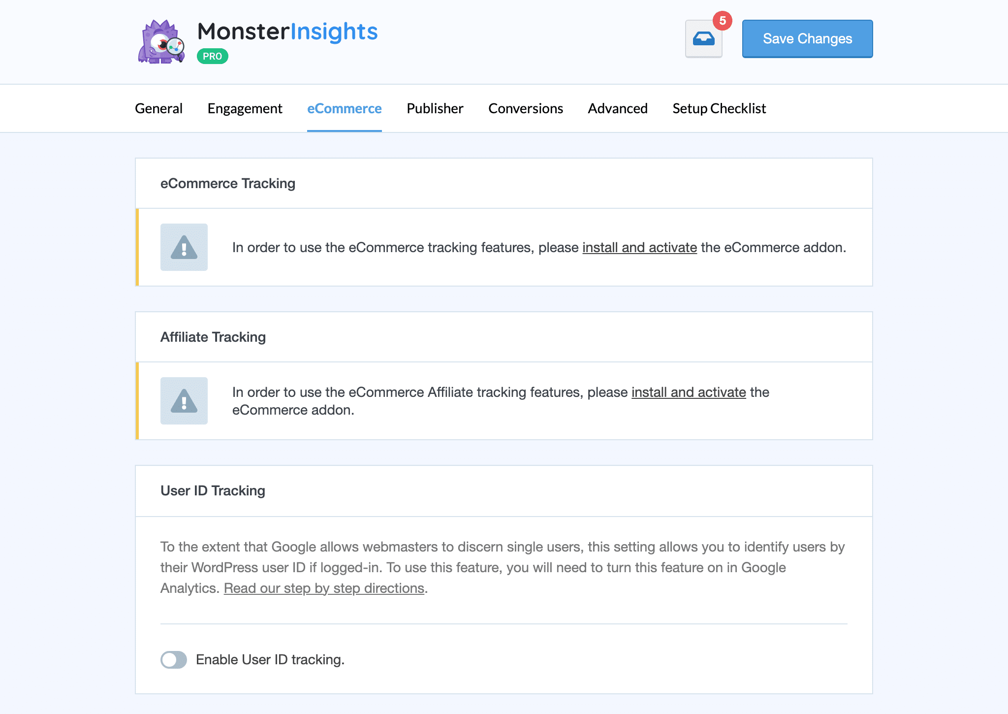 MonsterInsights eCommerce settings tab showing the Enable User ID tracking toggle