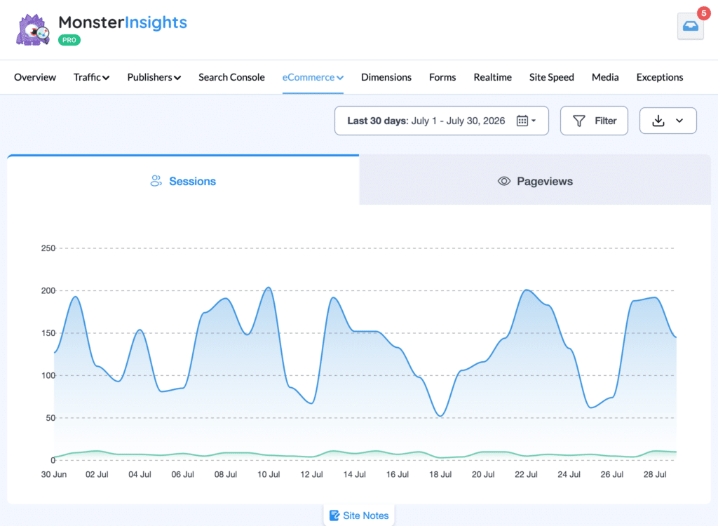 MonsterInsights eCommerce report with tabbed Sessions and Pageviews graph, Filter and Export controls