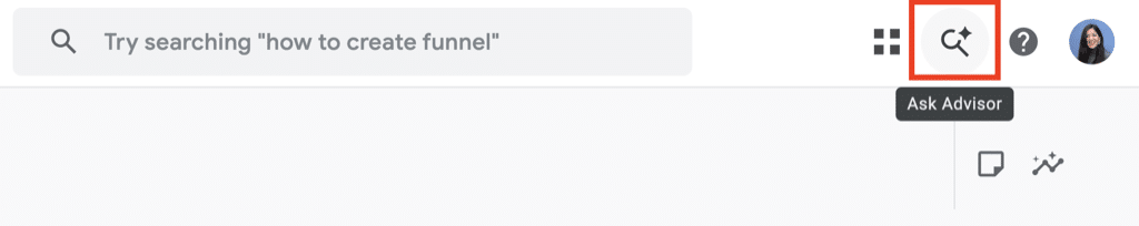 Ask Advisor icon highlighted in the top-right corner of the Google Analytics 4 interface, with an 'Ask Advisor' tooltip