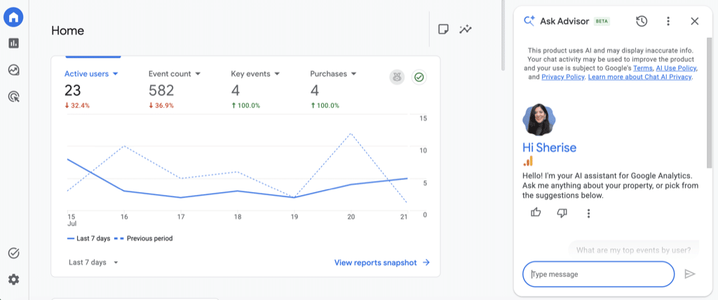 Google's Ask Advisor panel open on the GA4 Home screen, showing the BETA label, an AI accuracy disclaimer, and a greeting with a suggested question