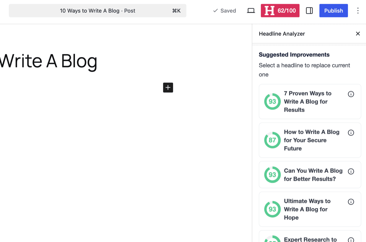 List of AI-generated headline suggestions with individual scores after clicking Optimize This Headline