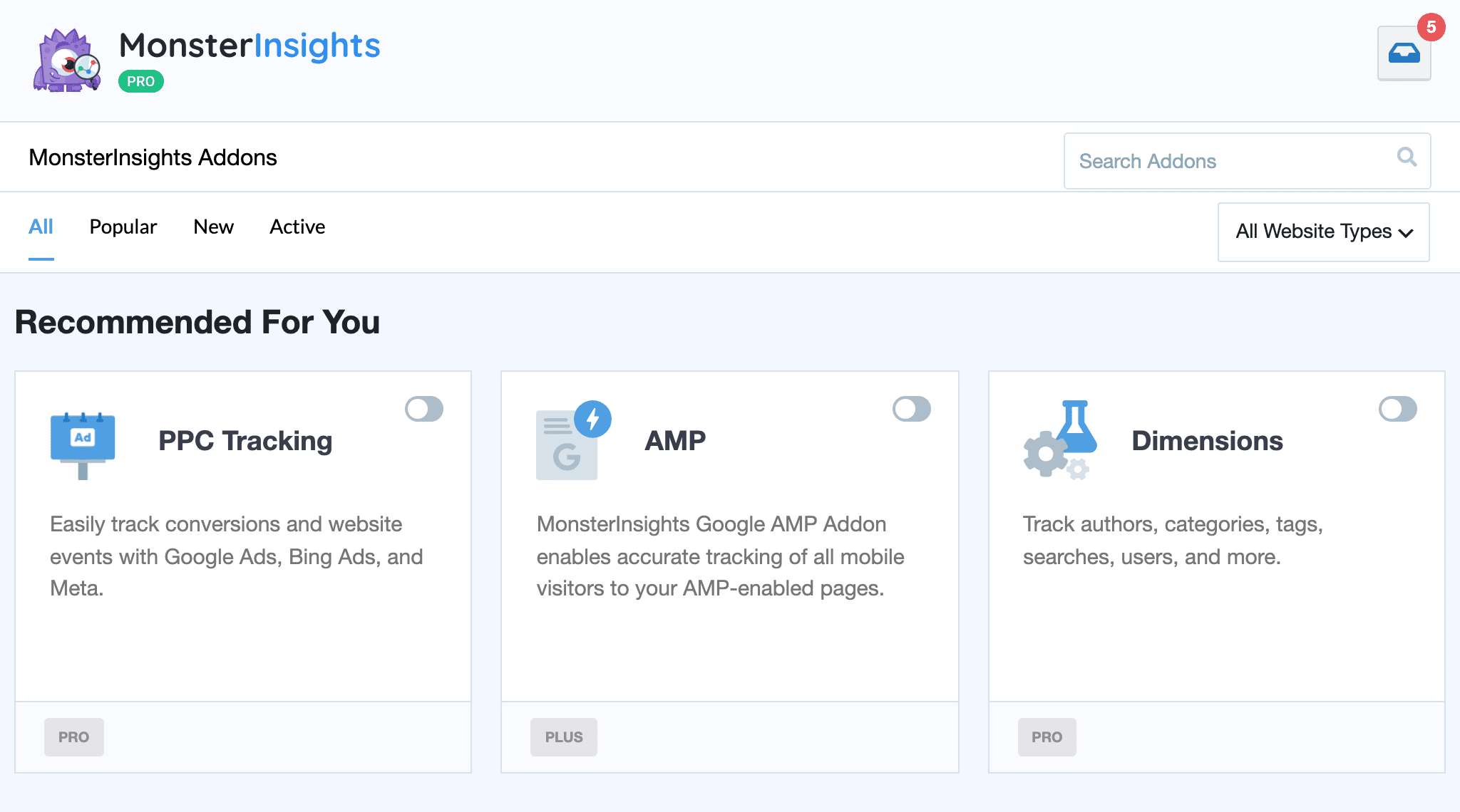 MonsterInsights Addons page showing the Dimensions addon card with an on/off toggle switch