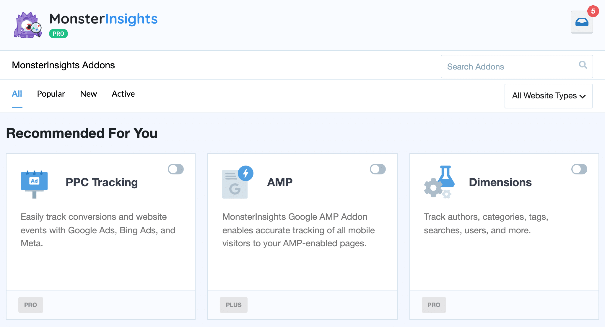 MonsterInsights Addons page with the Dimensions addon card and its activation toggle switch