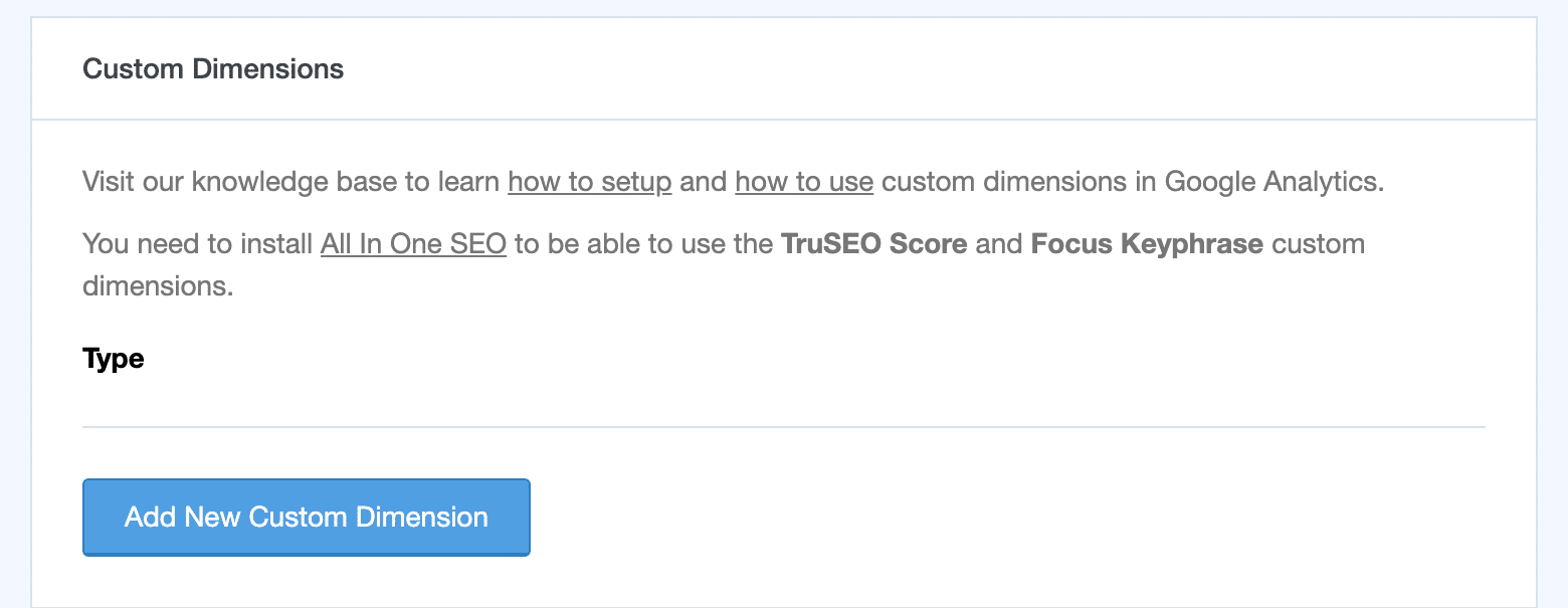 MonsterInsights Custom Dimensions settings panel with the Type field and Add New Custom Dimension button