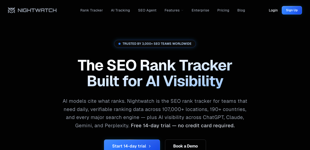 Nightwatch rank tracker homepage showing AI visibility tracking across ChatGPT, Claude, Gemini, and Perplexity