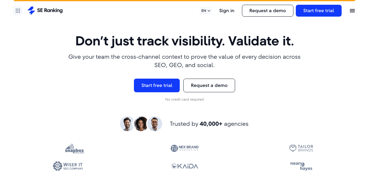 SE Ranking homepage showing its all-in-one SEO and AI visibility platform