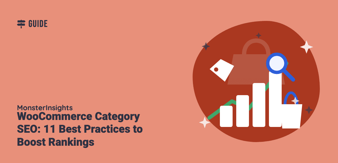 Illustration of a WooCommerce category tag and shopping bag beside an ascending bar chart and magnifying glass, representing category page SEO ranking growth