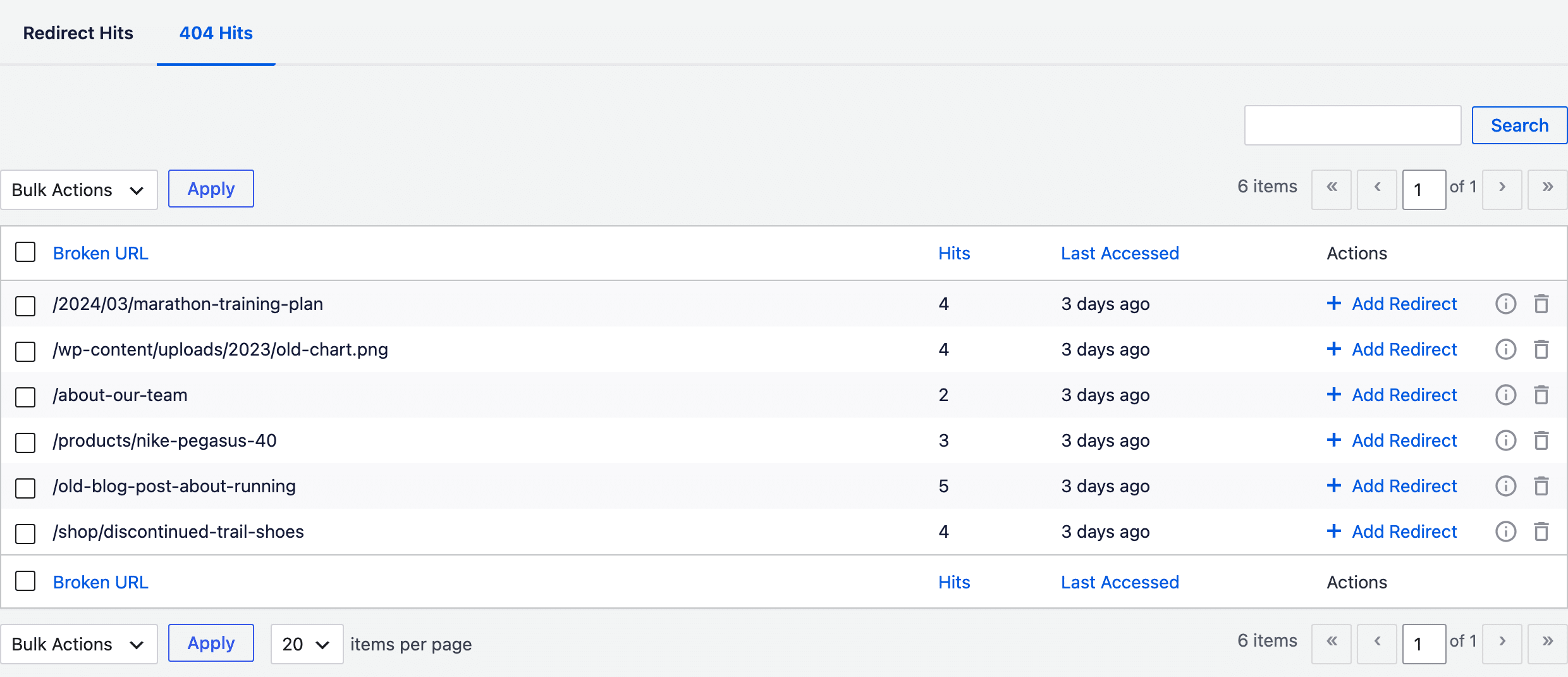 AIOSEO Redirects 404 Hits log listing six broken URLs with their hit counts, when they were last accessed and an Add Redirect action for each