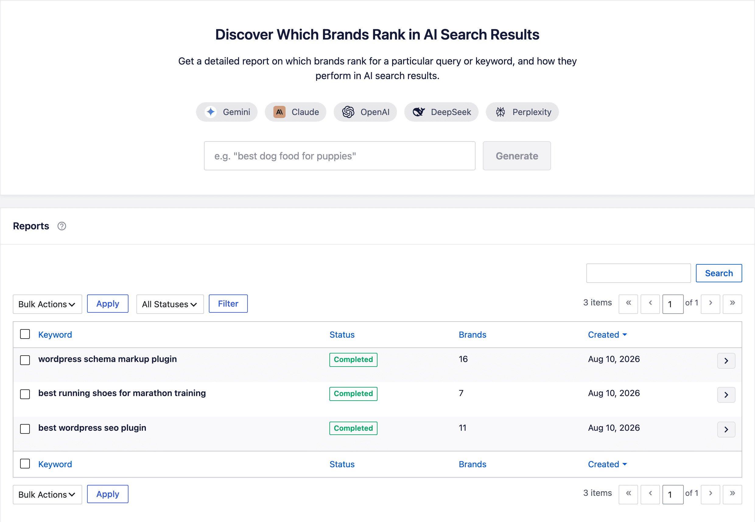 AIOSEO AI Suite Keyword Reports tab showing the Gemini, Claude, OpenAI, DeepSeek and Perplexity engines it queries above a Reports table listing three completed keyword reports with the number of brands found for each