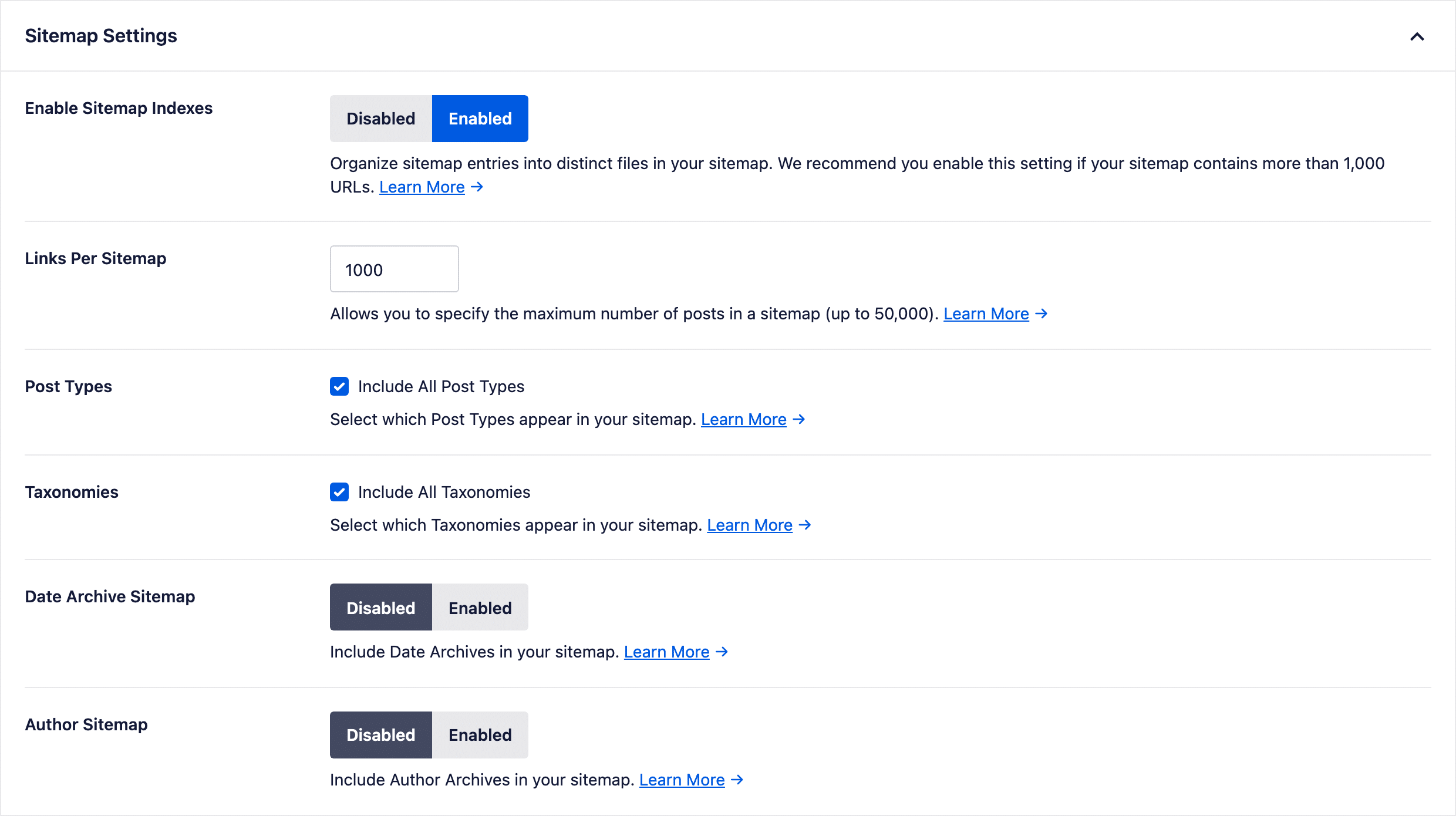 AIOSEO Sitemap Settings panel with sitemap indexes enabled, links per sitemap set to 1000, and controls for including all post types, taxonomies, date archives and author archives