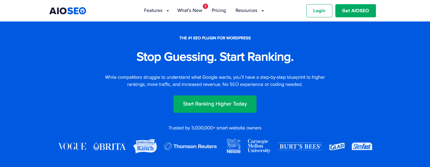AIOSEO homepage hero showing the headline Stop Guessing. Start Ranking. with THE #1 SEO PLUGIN FOR WORDPRESS tagline and trust-bar logos for Vogue, Brita, Hidden Valley Ranch, Thomson Reuters, Nestle, Carnegie Mellon University, Burt's Bees, Glad, and SlimFast