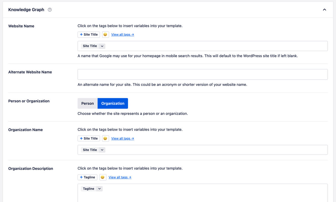 AIOSEO Knowledge Graph settings showing Website Name, Alternate Website Name, Person or Organization toggle, and Organization Name fields