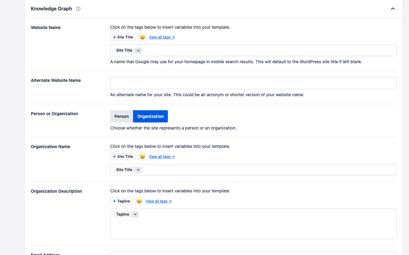 AIOSEO Knowledge Graph settings showing Website Name, Organization Name, and Organization Description fields under Search Appearance