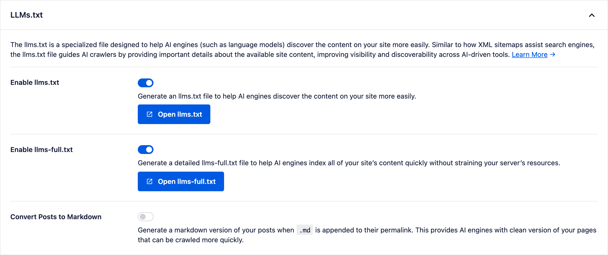 AIOSEO LLMs.txt panel with Enable llms.txt and Enable llms-full.txt switched on, Open llms.txt and Open llms-full.txt buttons, and a Convert Posts to Markdown toggle