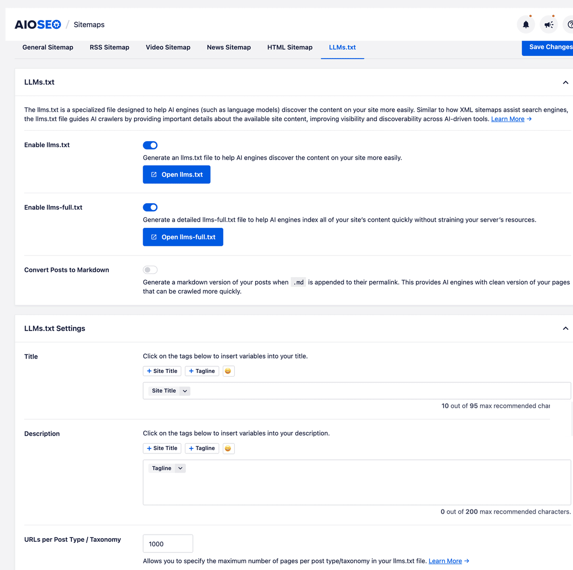 AIOSEO Sitemaps LLMs.txt tab showing Enable llms.txt and Enable llms-full.txt toggled on and the URLs per Post Type / Taxonomy cap set to 1000