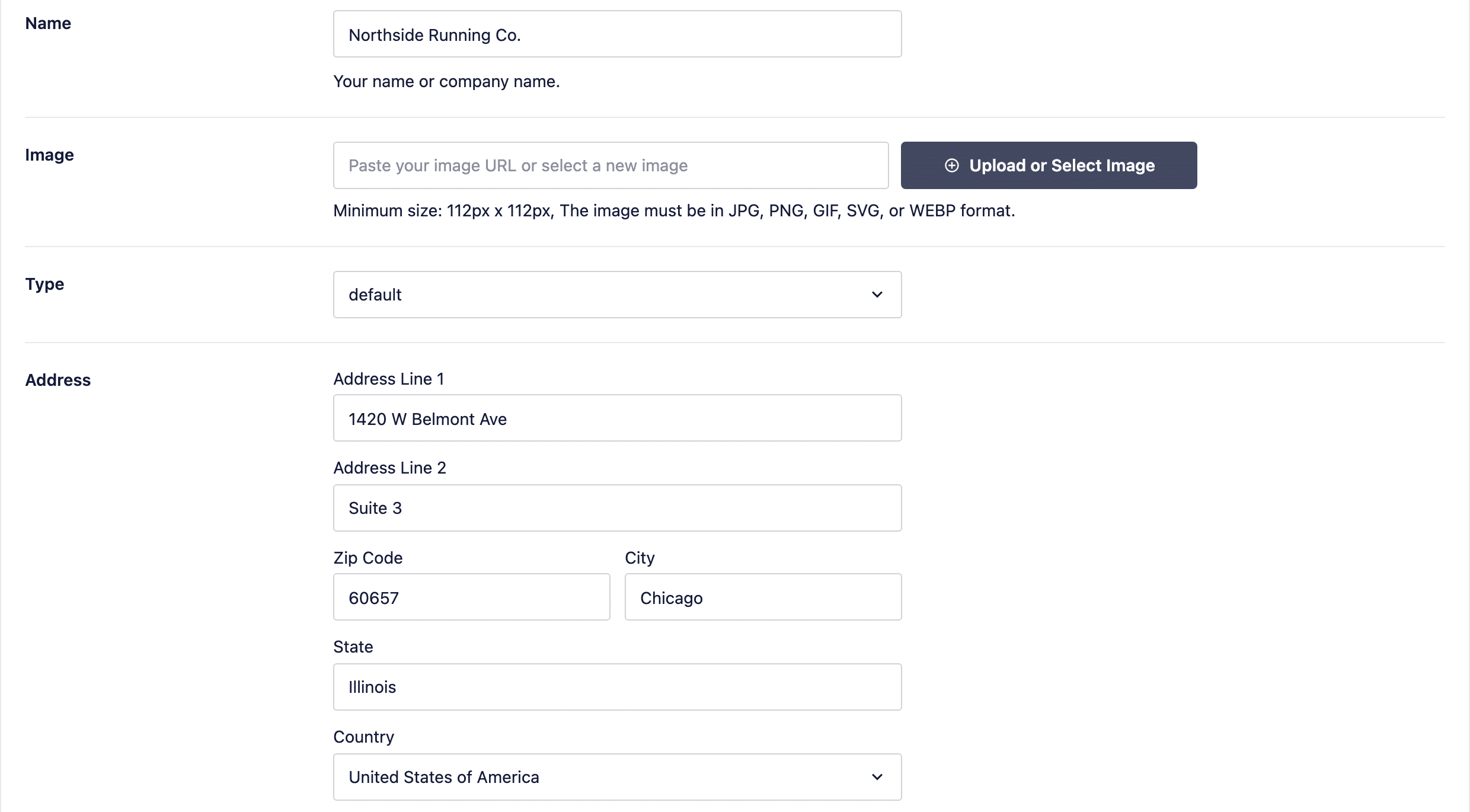 AIOSEO Local SEO Business Info fields filled in with a sample business name, street address, suite number, zip code, city, state and country