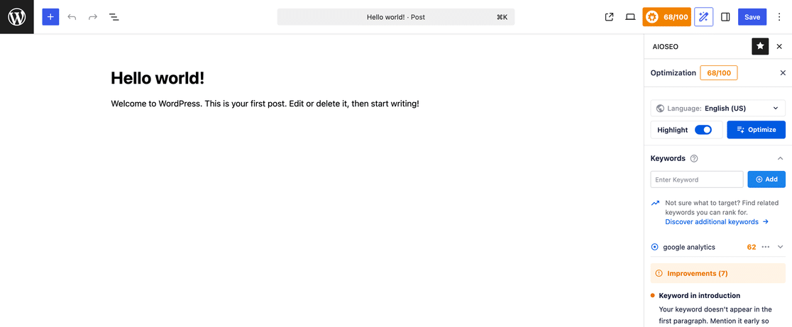 WordPress block editor with the AIOSEO Optimization tab open in the sidebar, showing the Keywords section with a keyword added and its individual score
