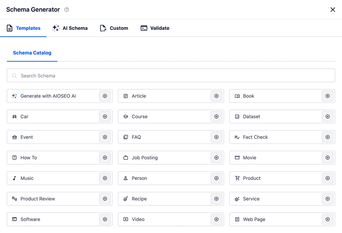 AIOSEO Schema Generator modal open on the Templates tab, showing the Schema Catalog grid with Article, Book, FAQ, How To, Product, Service, and other schema type cards