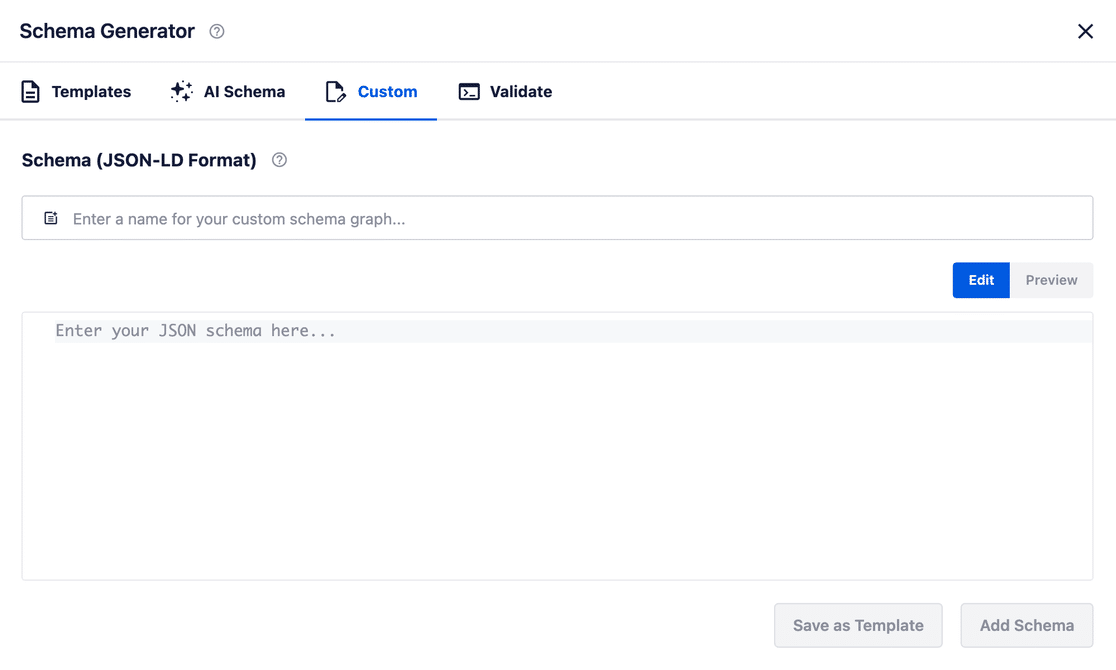 AIOSEO Schema Generator modal open on the Custom tab with the JSON-LD schema textarea and Save as Template and Add Schema buttons