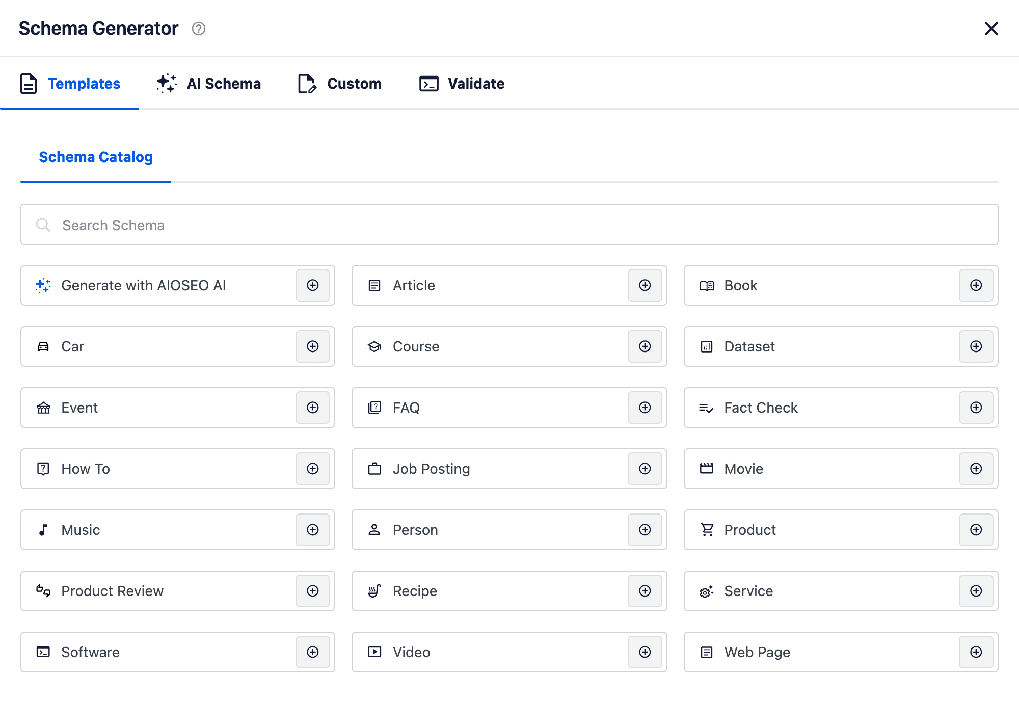 AIOSEO Schema Generator modal open on the Templates tab showing the Schema Catalog of types including Article, FAQ, How To, Product and Recipe, alongside AI Schema, Custom and Validate tabs