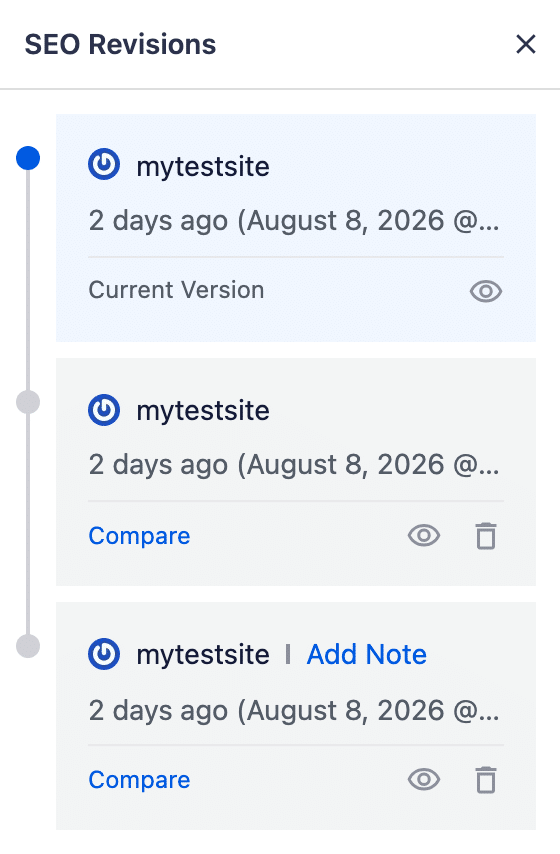 AIOSEO SEO Revisions panel in the WordPress editor sidebar showing a timeline of three saved SEO revisions with timestamps, a Current Version marker and Compare, preview and delete controls