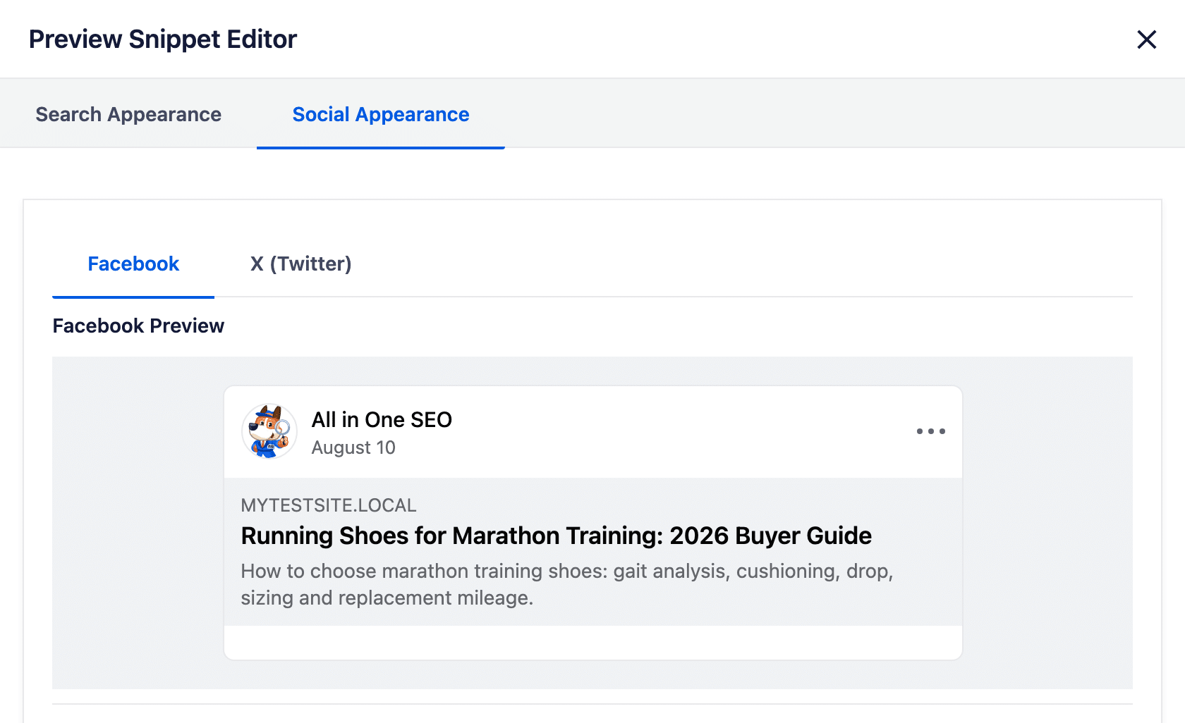 AIOSEO Preview Snippet Editor on the Social Appearance tab showing the Facebook preview card for the post with its site name, headline and meta description