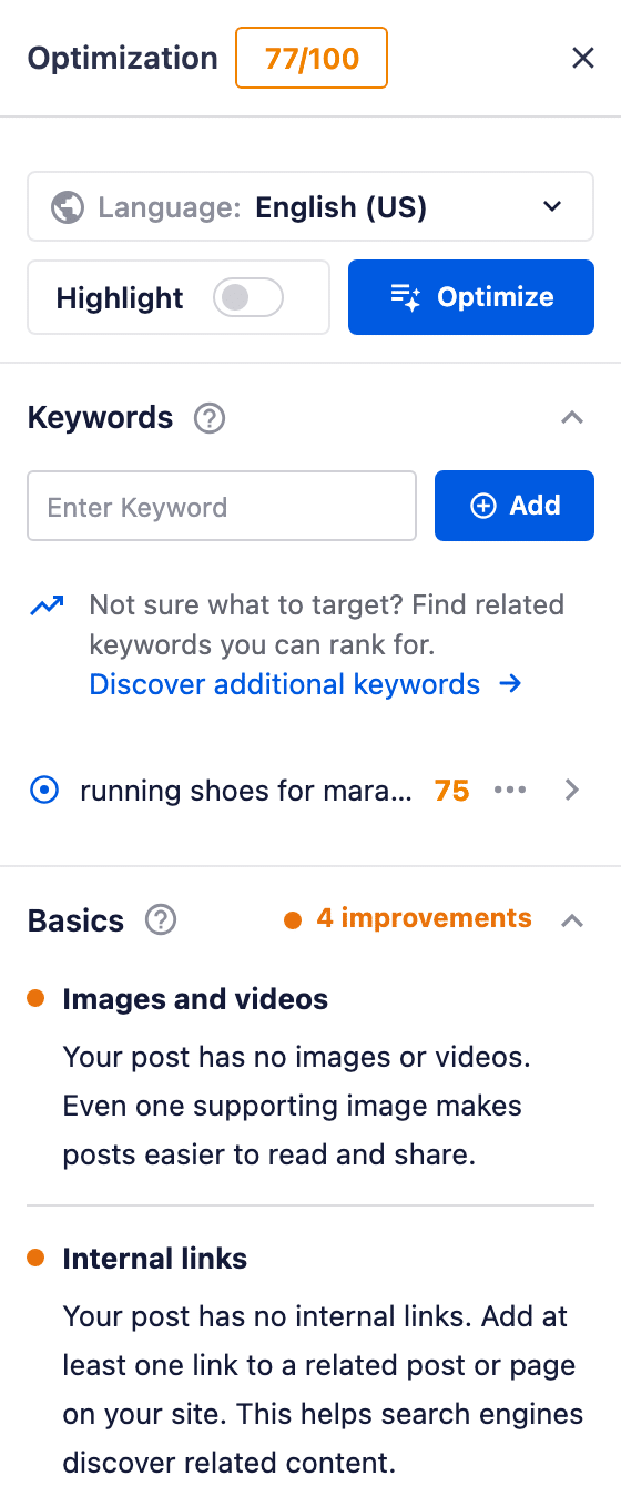AIOSEO Optimization panel in the WordPress editor sidebar showing a 77 out of 100 score, the focus keyword “running shoes for marathon training” scoring 75, and an expanded Basics section flagging 4 improvements including Images and videos and Internal links