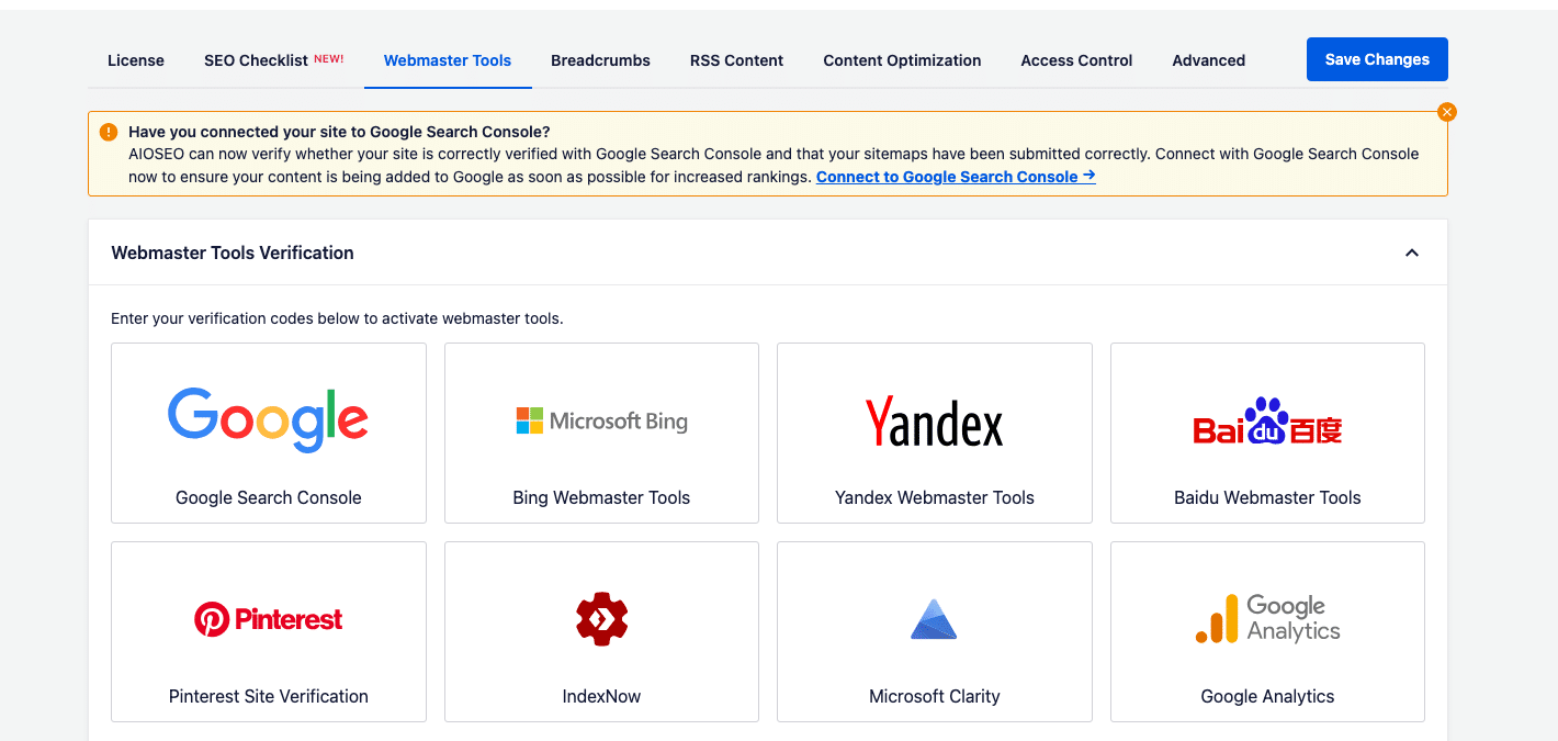 AIOSEO Webmaster Tools Verification screen with Google, Bing, Yandex, Baidu, Pinterest, IndexNow, Microsoft Clarity, and Google Analytics verification cards