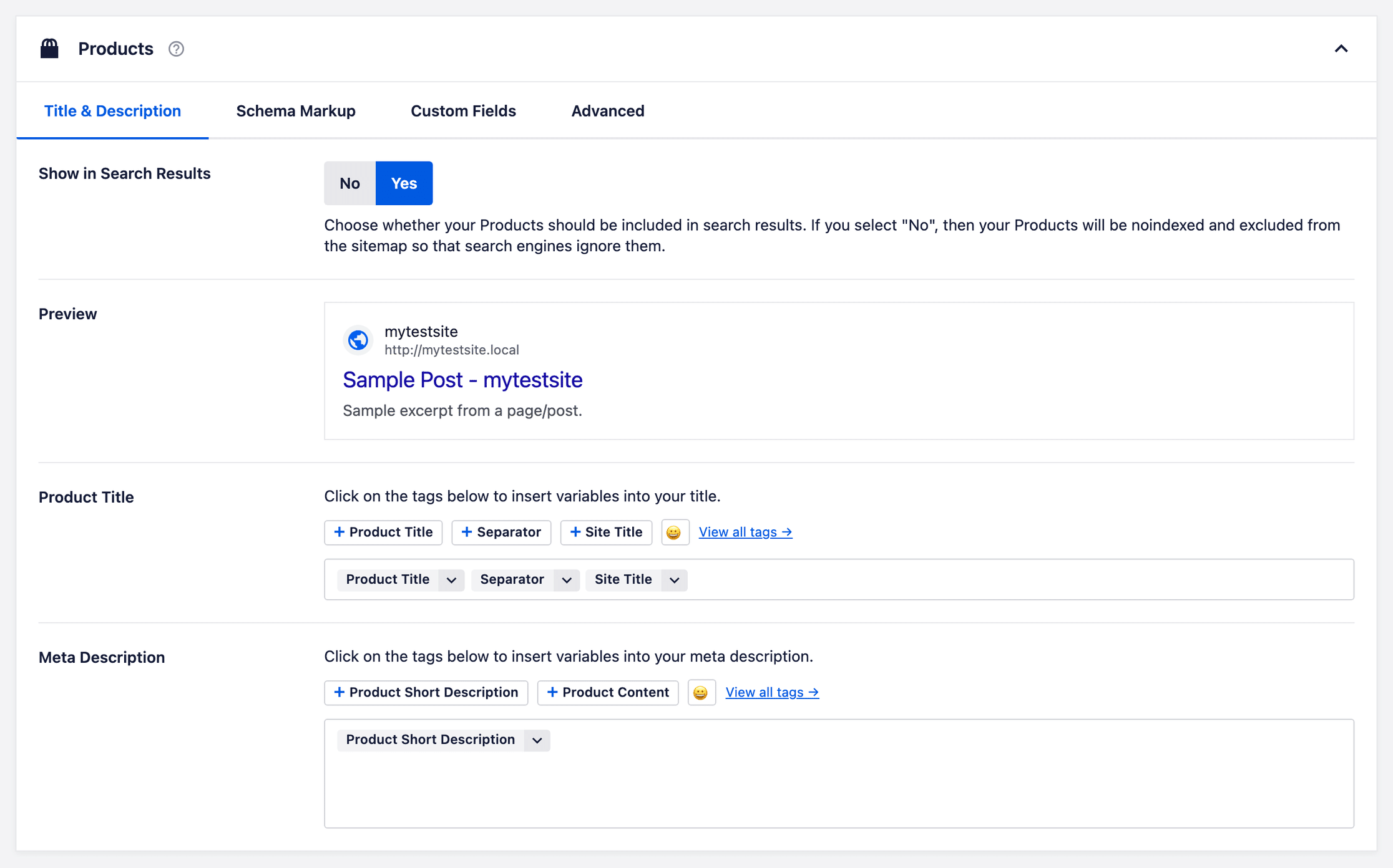AIOSEO Products content type settings with Title and Description, Schema Markup, Custom Fields and Advanced tabs, plus smart tags for Product Title and Product Short Description