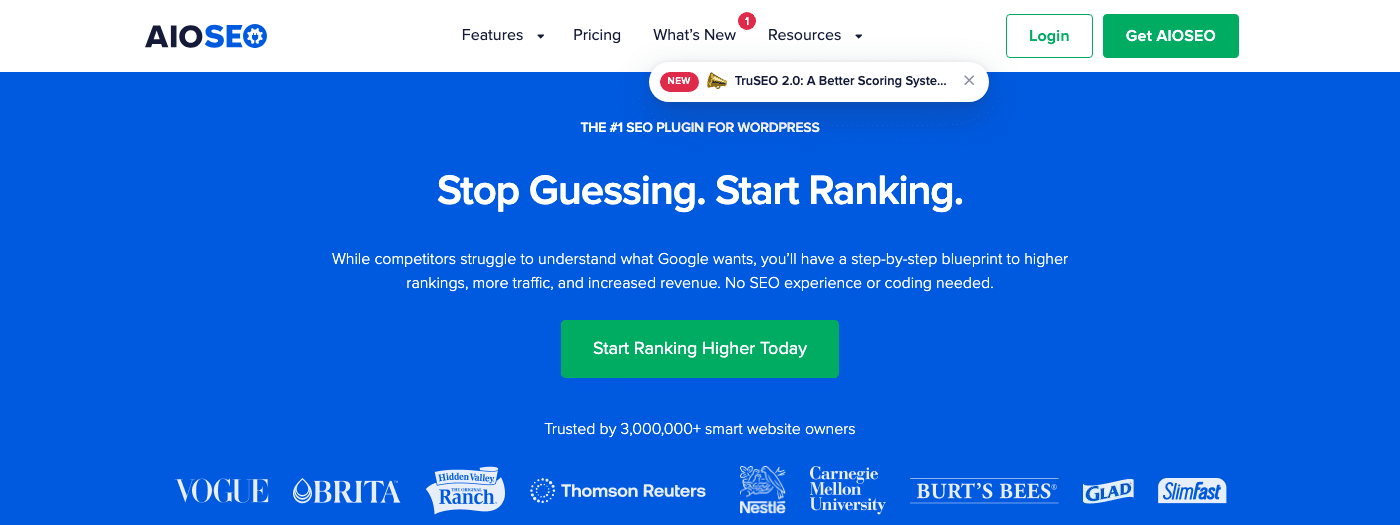 AIOSEO homepage showing the current "Stop Guessing. Start Ranking." hero, redesigned navigation, and customer logo bar