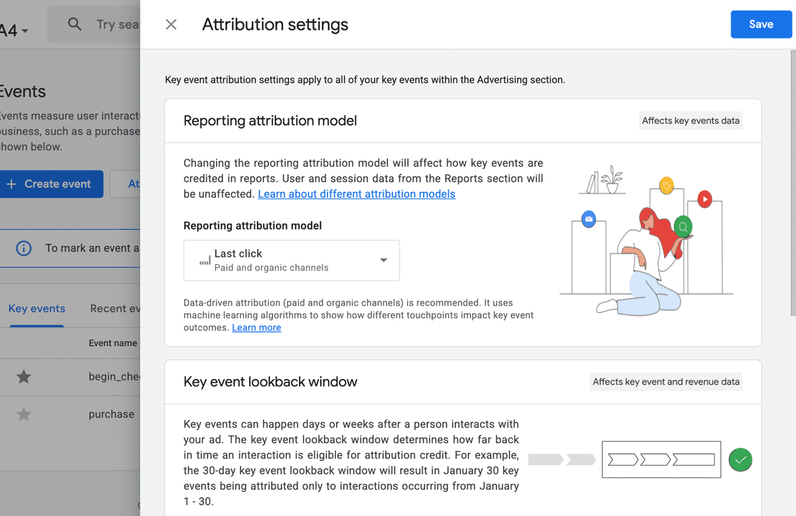 GA4 Attribution settings showing the Reporting attribution model dropdown with Last click and Data-driven options