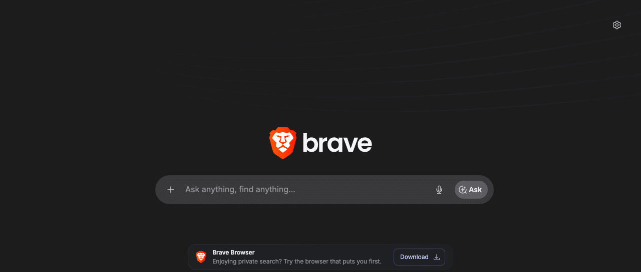 Brave Search homepage with the Ask AI button in the search bar