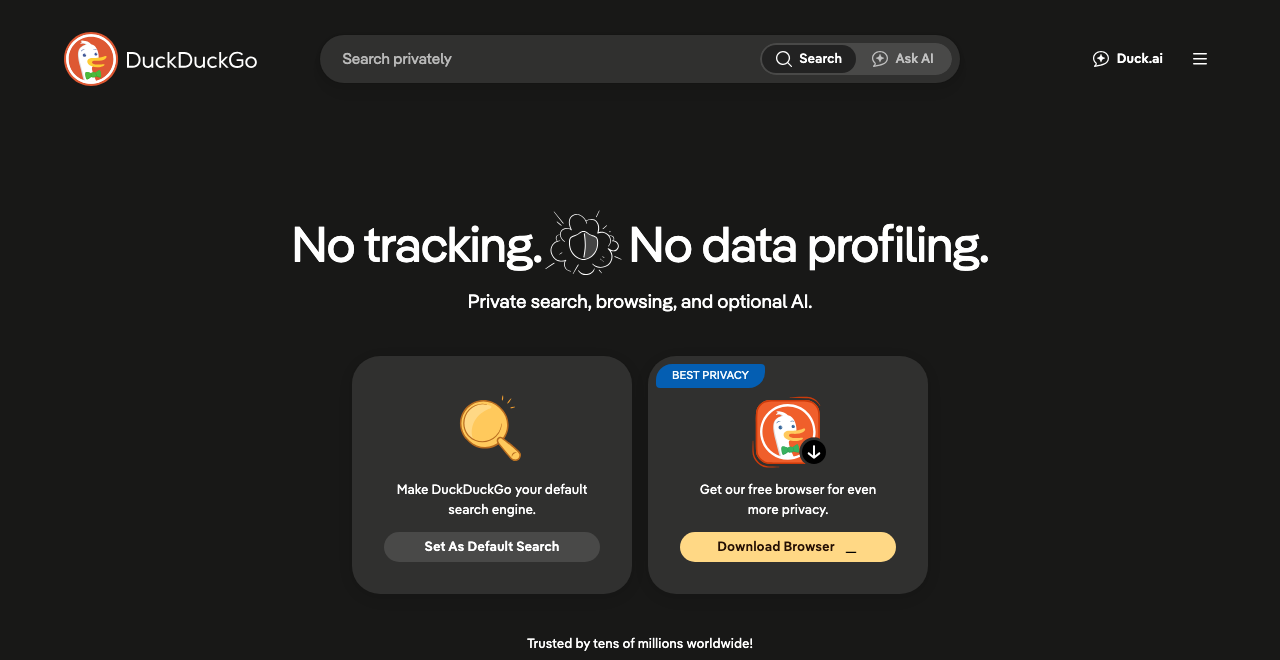 DuckDuckGo homepage with the Ask AI button built into the search bar
