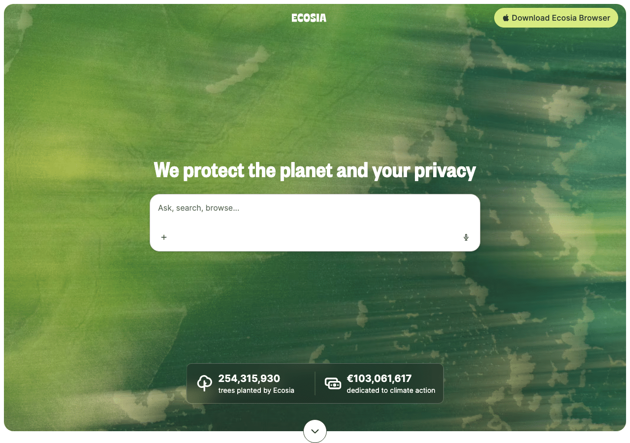 Ecosia homepage showing the tree-planting and climate action counters
