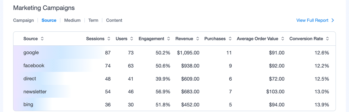 MonsterInsights Overview report Marketing Campaigns table with the Source tab selected, showing sessions, users, engagement, revenue, purchases, average order value, and conversion rate columns