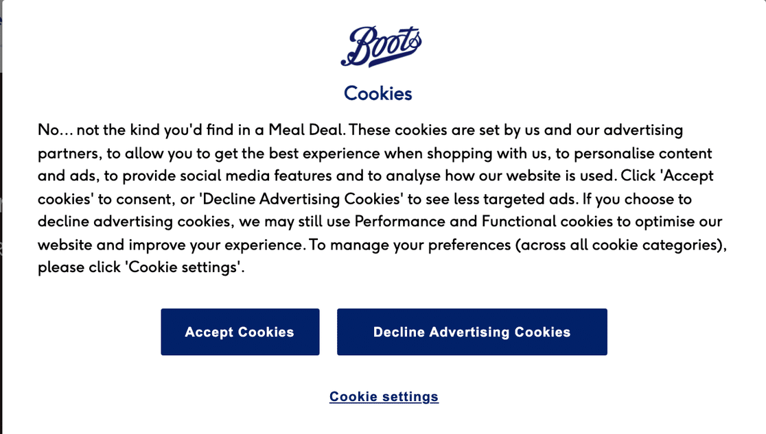 A real cookie consent banner on an ecommerce site, offering Accept Cookies or Decline Advertising Cookies