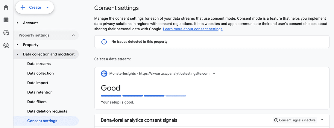 GA4 Consent settings screen showing a data stream's consent mode status as Good, with behavioral analytics consent signals inactive