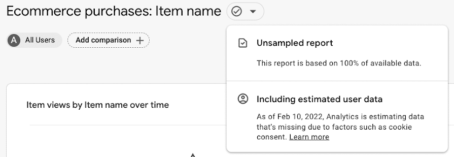 The GA4 data-quality icon and tooltip, from Google Analytics Help documentation, showing the "Including estimated user data" message