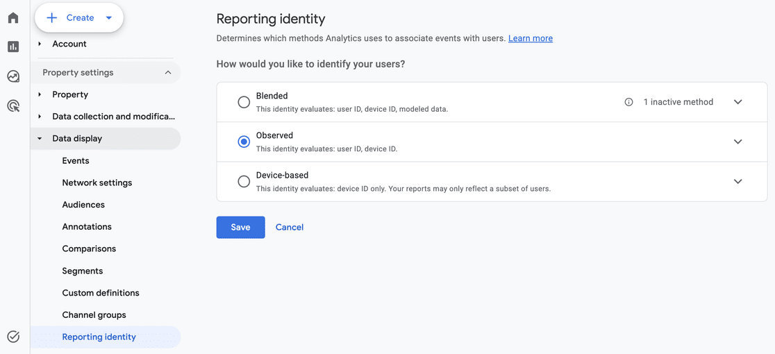 GA4 Reporting identity setting showing Blended, Observed, and Device-based options, with Observed selected
