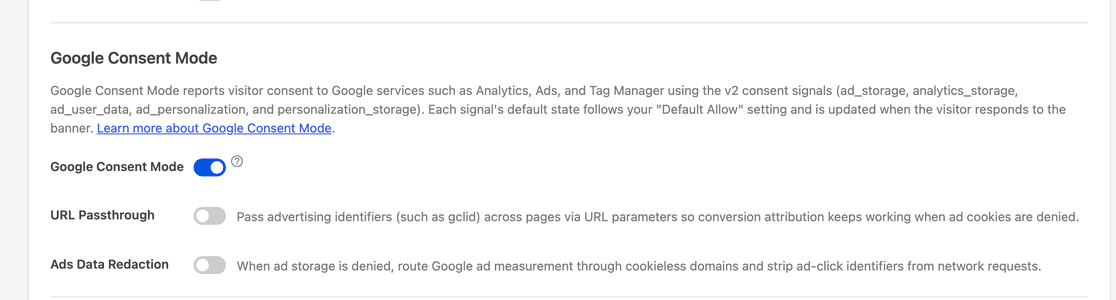 WPConsent's Google Consent Mode setting, showing the toggle enabled which runs the site in advanced mode by default