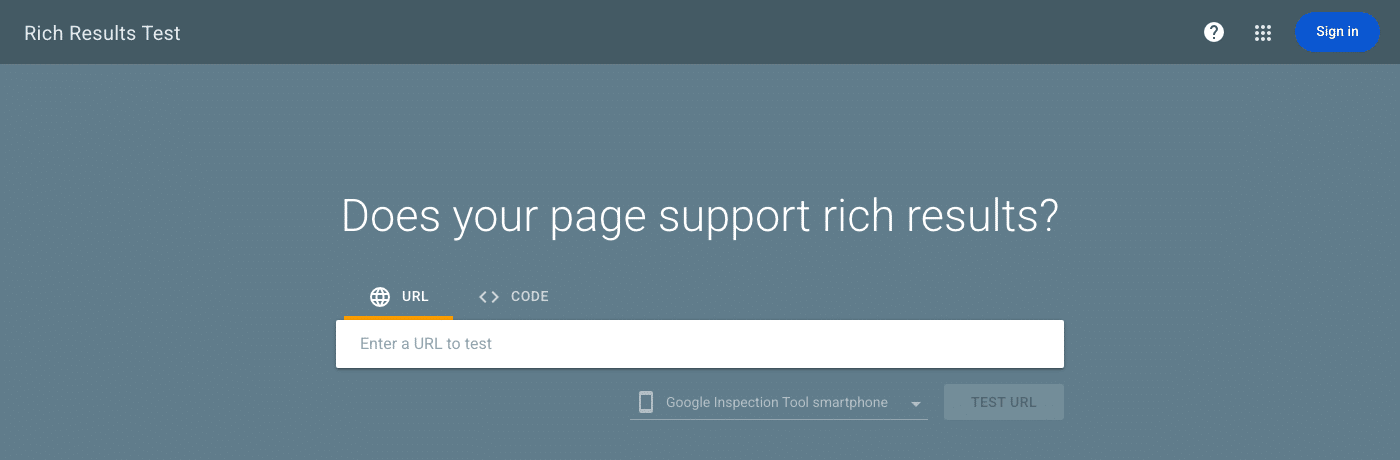 Google Rich Results Test tool page showing the URL entry field and logged-out Sign in button