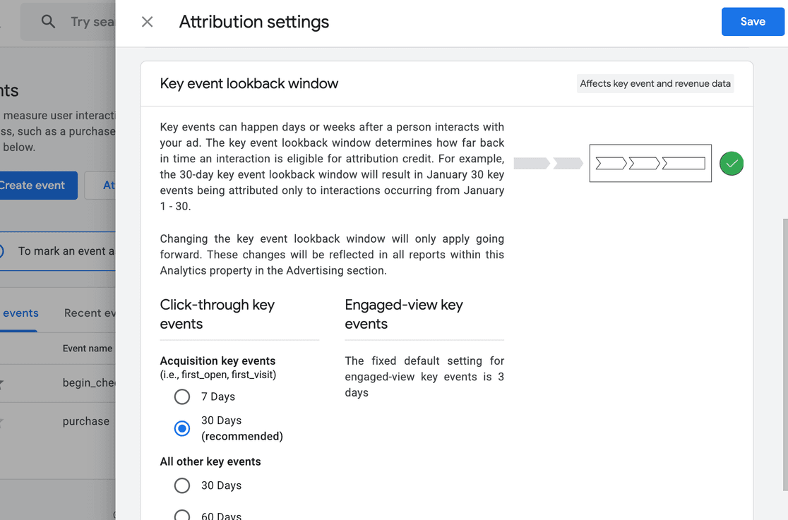GA4 Key event lookback window settings showing the click-through and engaged-view key event tiers