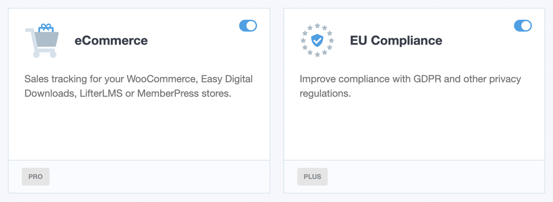 Two MonsterInsights addon cards side by side: eCommerce with a PRO badge, and EU Compliance with a PLUS badge, both toggled on